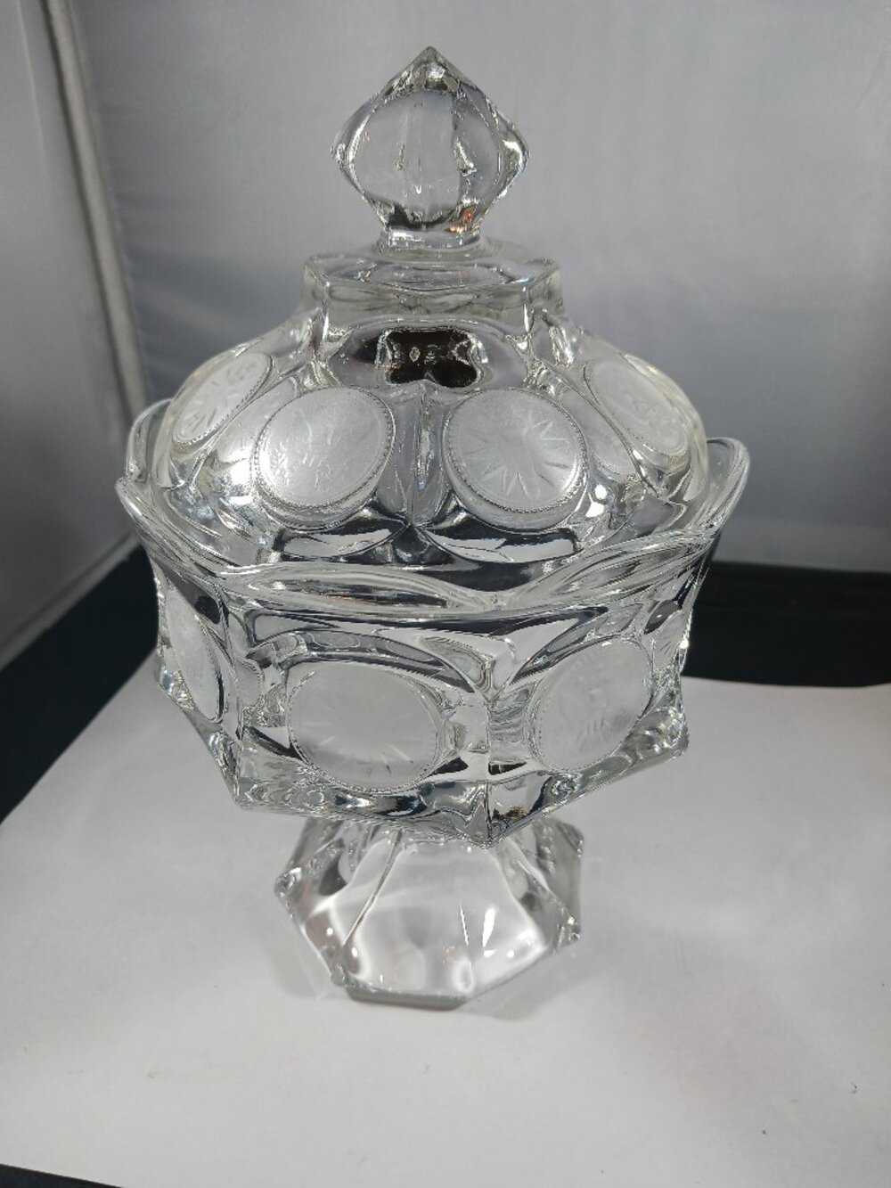 Vintage Fostoria Americana Coin Dot Clear Glass Lidded Compote Candy Dish